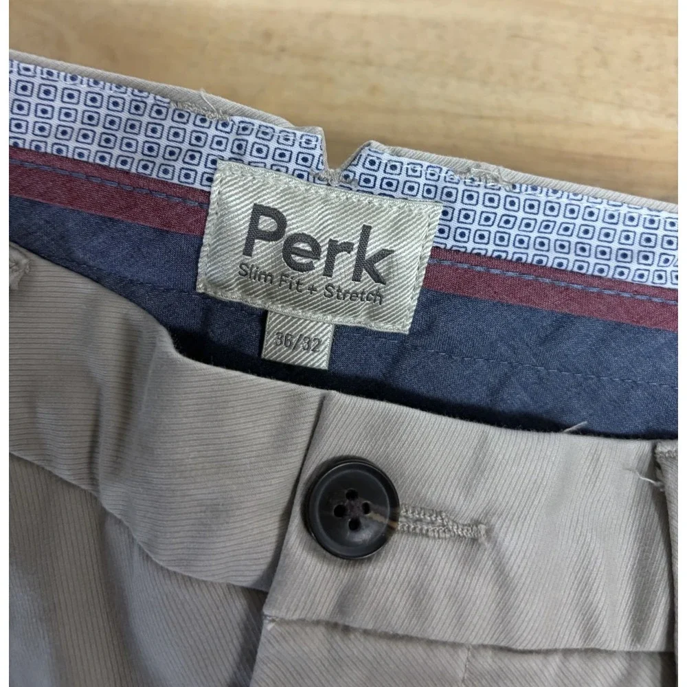 Mens PERK Khaki Pants Slim Stretch Size 36x32 Brown Tan Casual Flat Front